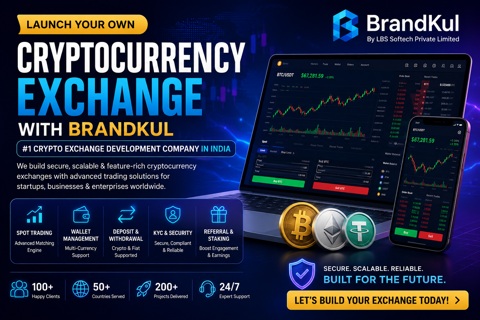 BrandKul cryptocurrency exchange development — spot trading dashboard on laptop and mobile