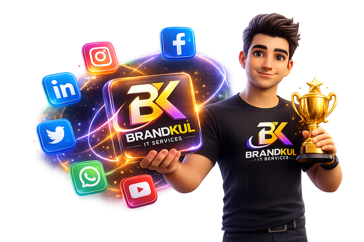 BrandKul 3D character holding an award beside glowing social platform icons